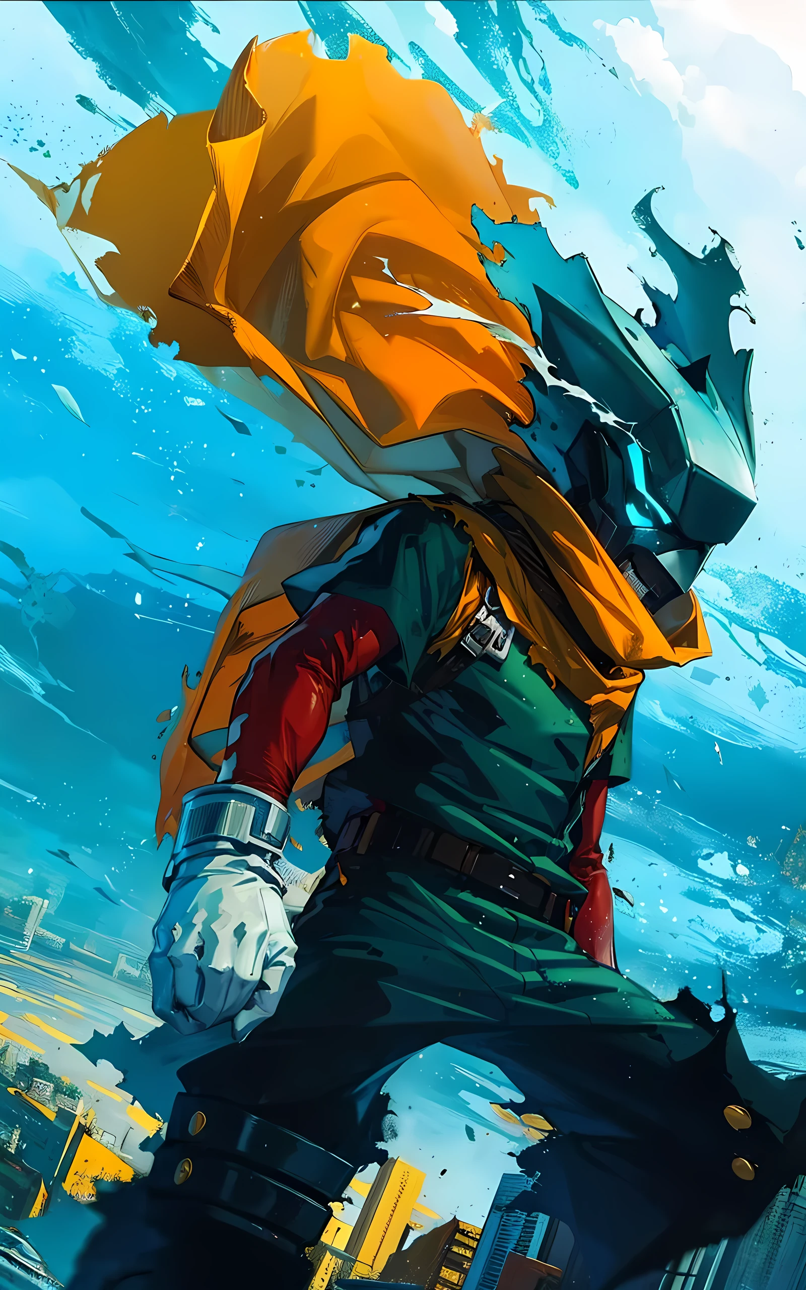 A man in a green suit, yellow mask and cape, He wears a dirty and torn suit, (( anime manga)) white gloves and, a red sleeve all over his arm, (( action anime panorama))