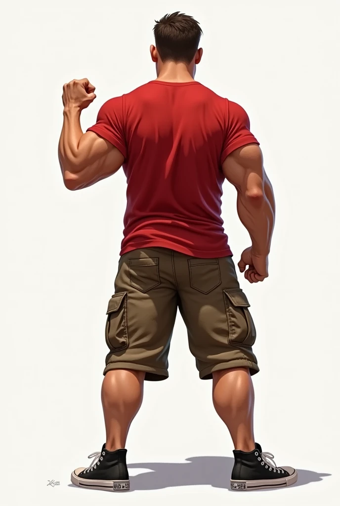 Muscular man wearing a shirt with long shorts Long loose shorts With pockets on the sides with converse sneakers red T-shirt and brown shorts Long short, Normal musculature With his back pointing to the sky with his fist