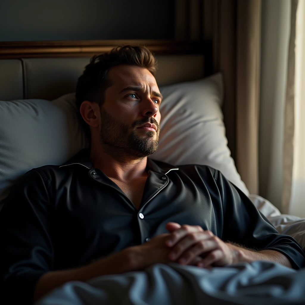 A white man, aged 35, model type, with short dark hair, with blue eyes, wearing black pajamas buttoned up, lying in bed in the room waking up