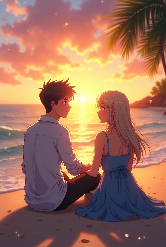 A civil engineer man and doctor women sitting on the beach in the evening sunset anime