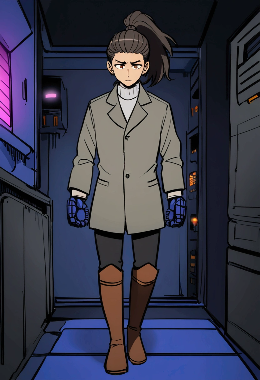 (detailed), (((normal guy))), (Arabic characteristics), ((gray wool jacket)), ((pelo negro rizado Ponytail hairstyle)), ((Ponytail hairstyle)), (calm face), ((by the width)), ((Brown boots)), (((whole body))), ((In a cyberpunk room)), ((male)), (gray turtleneck sweater), ((only one person)), (at night), terror, ((Brown eyes)), In the dark, blue robot hands, Ultrakill