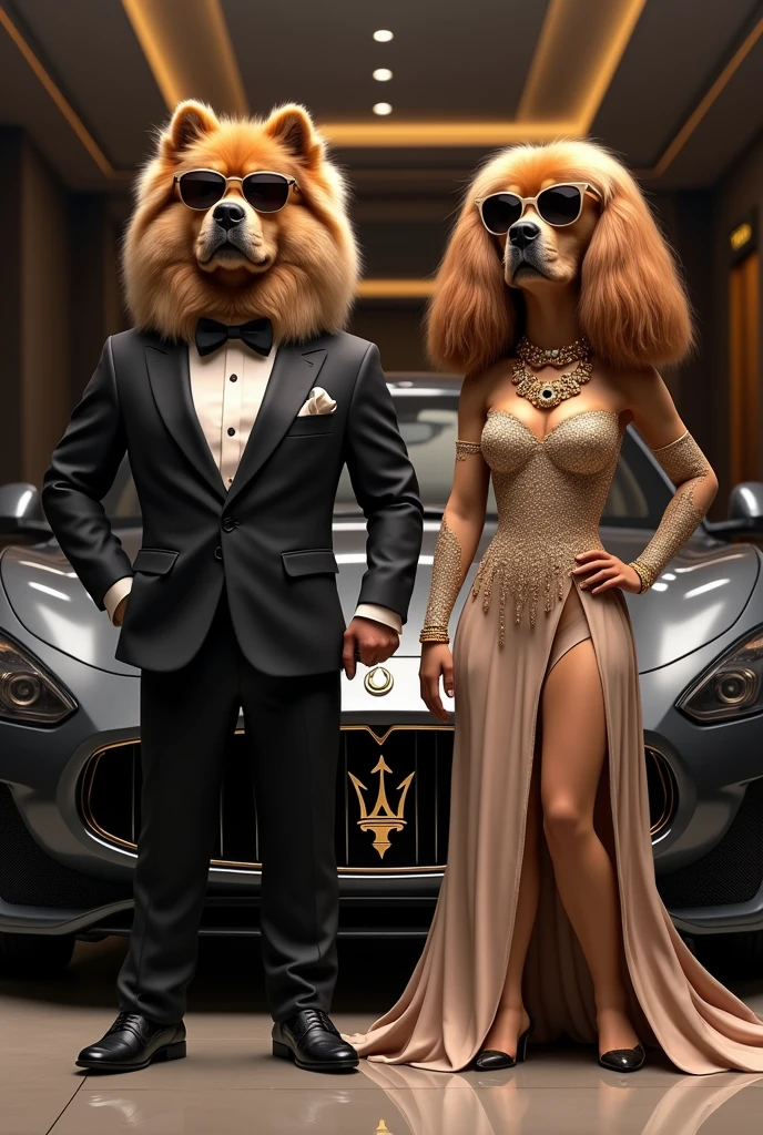 Very rich Tibetan Mastiff in elegant suit driving a Maserati car and next to him a female Tibetan Mastiff wearing a Versace dress, sunglasses and jewelry Realistic, real, high definition detail, full picture like real