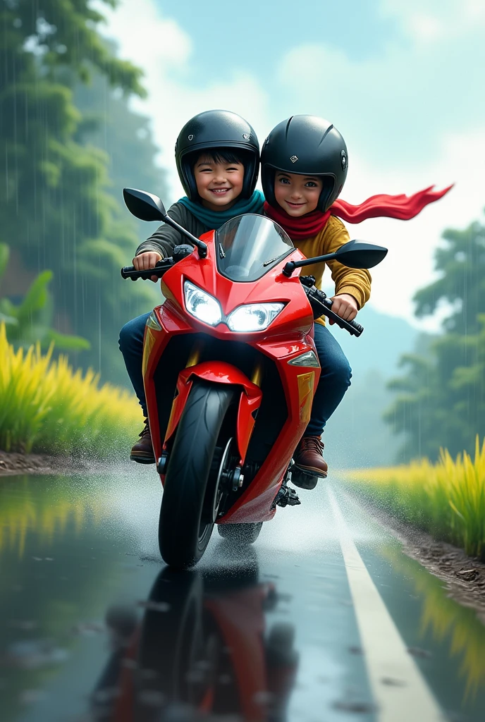 Me and my lovely sister with longscarf are very happily riding the red SYM motorcycle from malaysia with super speed eventhough it is rainy along the road with the view of paddyfield, . Do not show our hair and we are wearing the helmet.