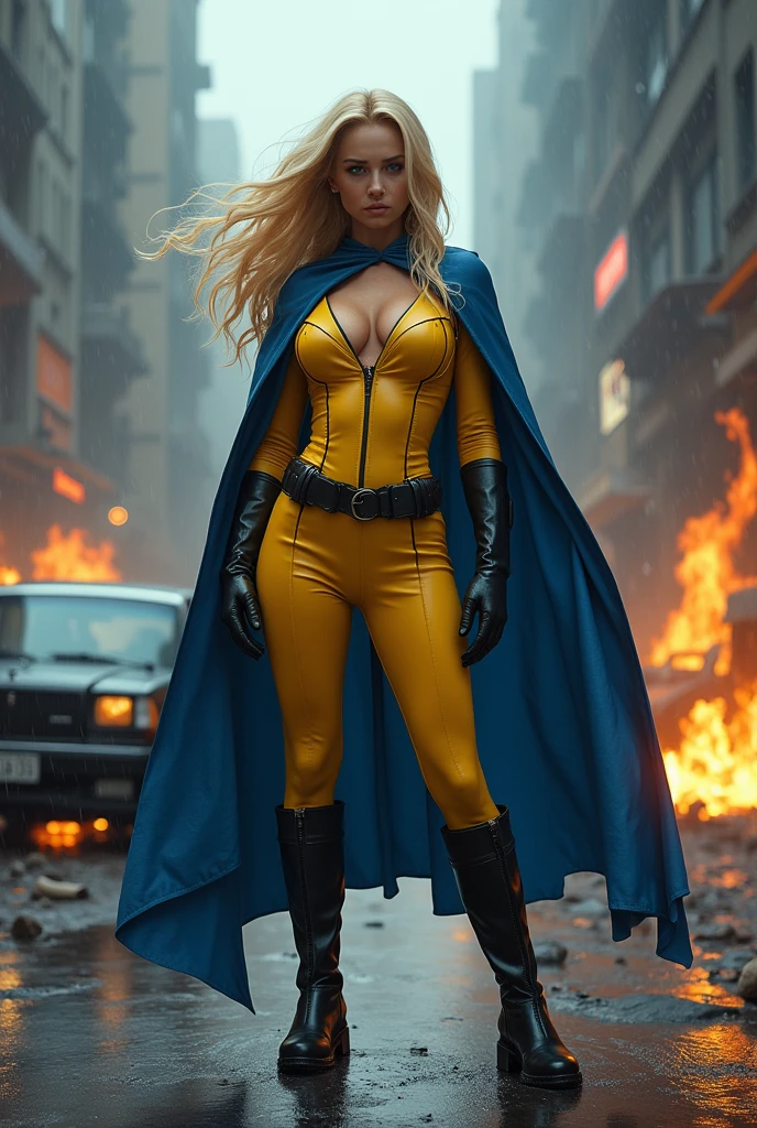 A beautiful woman with long blonde hair wearing a yellow leather jumpsuit yellow corset over her jumpsuit blue cape black boots and gloves long boots up to her knees wide black gym belt in a dark apocalyptic rainy city cars and buildings on fire magic in her hands knees screaming exhausted after an extensive battle magic in her hands blue cape