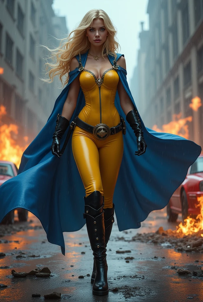 A beautiful woman with long blonde hair wearing a yellow leather jumpsuit yellow corset over her jumpsuit blue cape black boots and gloves long boots up to her knees wide black gym belt in a dark apocalyptic rainy city cars and buildings on fire magic in her hands knees screaming exhausted after an extensive battle magic in her hands blue cape