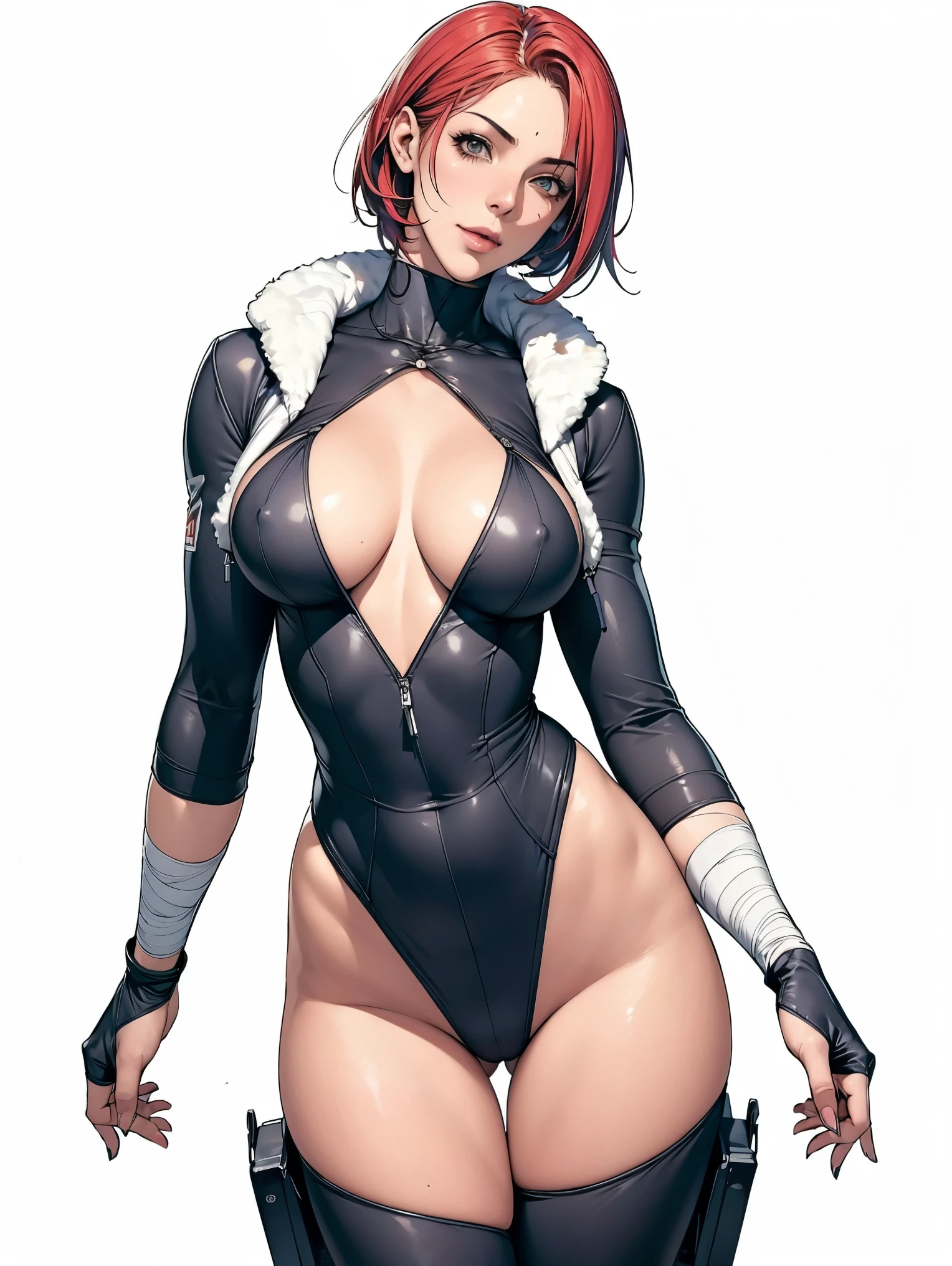 (((Annie Lennox))), (((colorful suit))), (scars), (((bandaged arms))), (((colorful clothes))) (( hood)), (((best quality: 1.4))), (Unbeatable masterpiece), (hyper HD),(CG 8k hyper-realistic), beautiful face, (((breasts big))), (((hyper feminine))), sexly girl, ((round face)), black tattoo,（ultra short red hair with white highlights)), ((( sculptural body ))), (((1 Kizi))), Kizi tatuada de 25 anos com perfect body, perfect hands, perfect fingers ,Beautiful and well-groomed face, (round face), muscular body:1.2,solid color detailed jacket, (Head to thigh photos)， Complex equipment, ，Tight clothes，With white stars and off-white stripes,,,,,Armor Metal Electronic Parts, Poison tattoos ) INFO, Kizi, (((standing alone))), , 24歳, sexy, pose de attitude, work of art, dancing, ((slight smile)), post-apocalypse, (((manga style))), bounty hunter, the way you want, perfect body, roupa moderna, advanced technology, white, yellow accent, black, red accent, fur collar jacket, sleeves with vertical striped pattern, background city, (( cowboy shot )). intricate visual, narrow waist, (((wide hips))), wide hips, fit thighs, (((thigh gap))), Thigh gap, background shows a futuristic airplane, open expression, expression happy