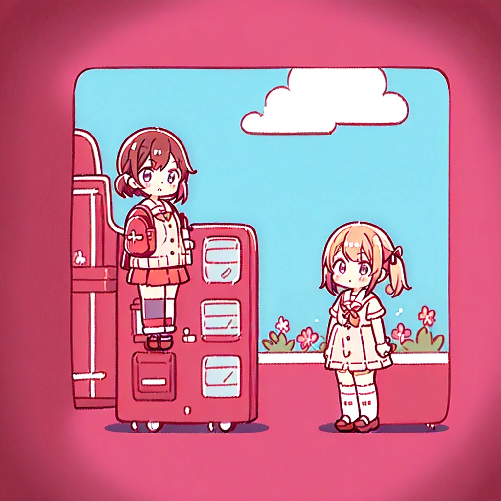 1girl,The best composition、Highest quality、Masterpiece、Twin tails、Landscape、skip、強風にあおられた小学生のが前に進めずTwin tailsがオールバックになっている、Red dress、Shiori high socks、Brown Loafers、Red School Bag、Primary yellow background、