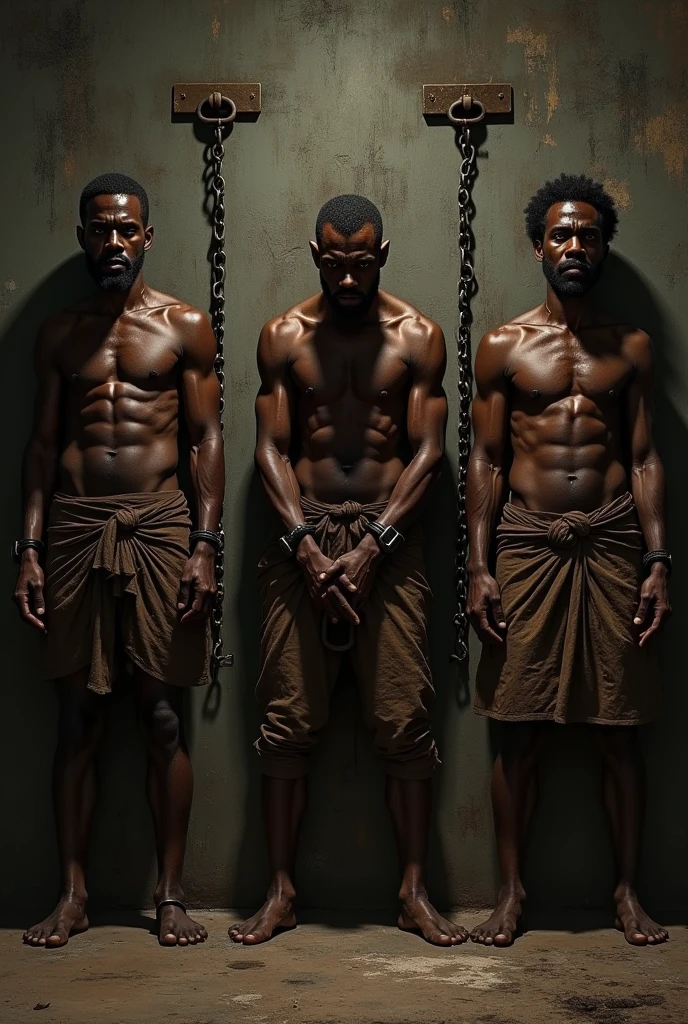 Three black slave men sitting with their hands up chained to the wall in the dark