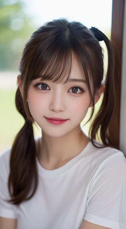 Tabletop, Highest quality, shape, Very detailed, In detail, High resolution, 8k wallpaper, Perfect dynamic composition, Beautiful attention to detail, Natural Lip, White T-shirt, Small breasts, Random sexy poses,Twin tail hair,RAW Photos,Cute🩷,smile,Blurred Background