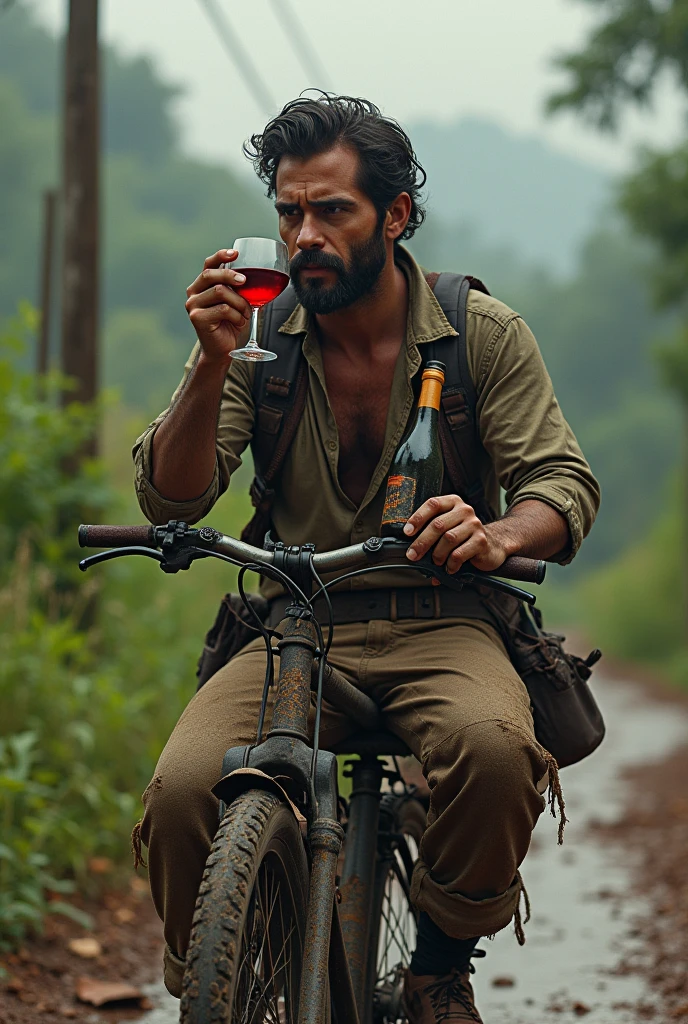 Generate image featuring of a man sitting on the muddy road on the bike, holding a glass of wine and a bottle, as requested.