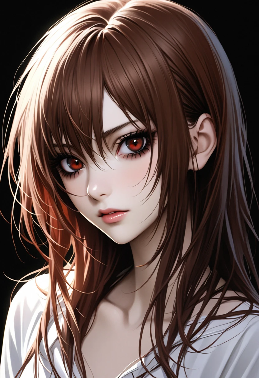 ((Yuki Kuran)), Vampire Knight, long brown hair, reddish brown eyes, thick black eyeliner around eyes, realistic, black background, hair parted to left side, thin, skinny,