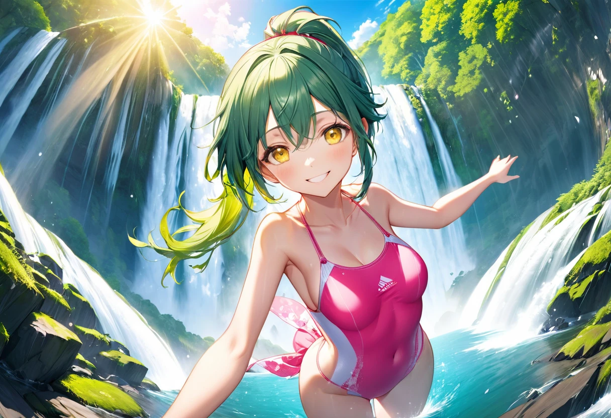 (panoramic, low angle style), (pov, dynamic pose), (solo:2, 15 yo), (detailed beautiful ponytail green hair long hair) (best cute girl) (beautiful sexy yellow eyes) (love smile), (medium tits), (in a pink summer one piece swimwear with double exposure beautiful sunshine), break, in the Hiji Falls, background immensely beautiful biggest A vast waterfall, BREAK, 16K, masterpiece, best quality, beautiful detailed waterfall.