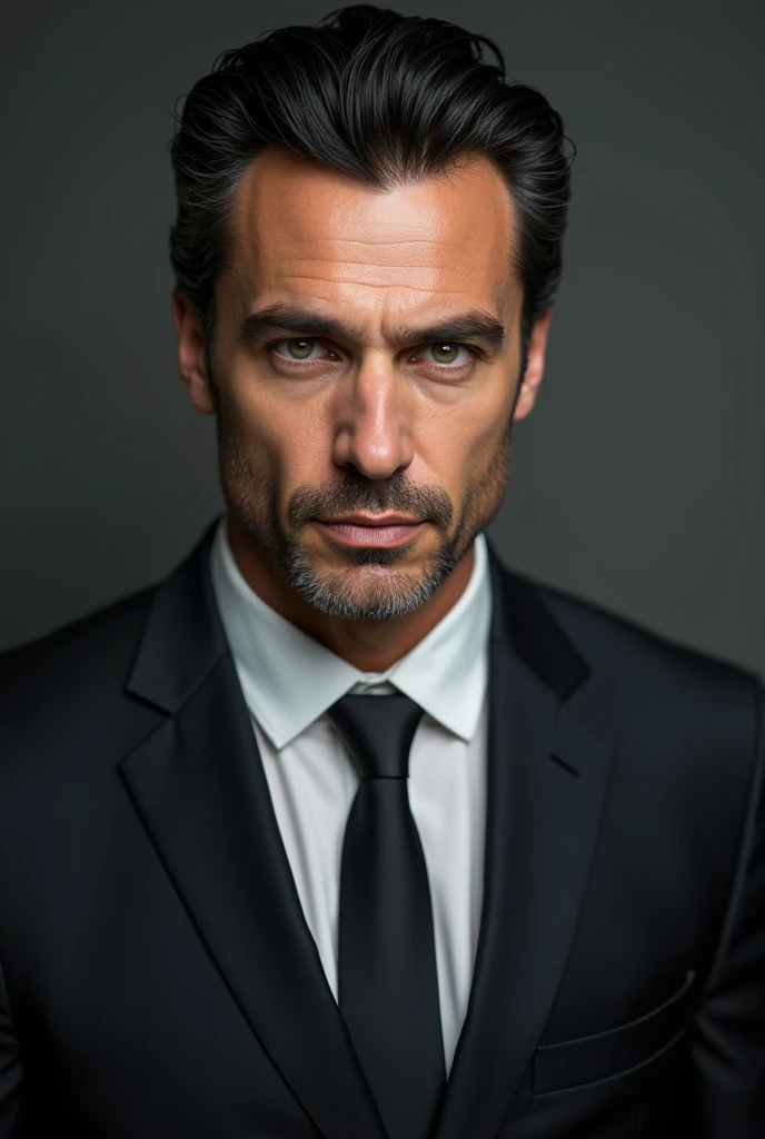 Man in suit with black hair combed back and green eyes 