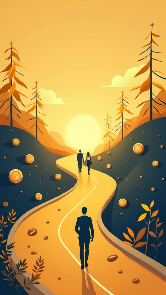 poster design，Wealth Elements，2 roads，Inheritance，Flat illustration style，Golden hue，Fractal Art，Clean picture，Don't show people in the picture
