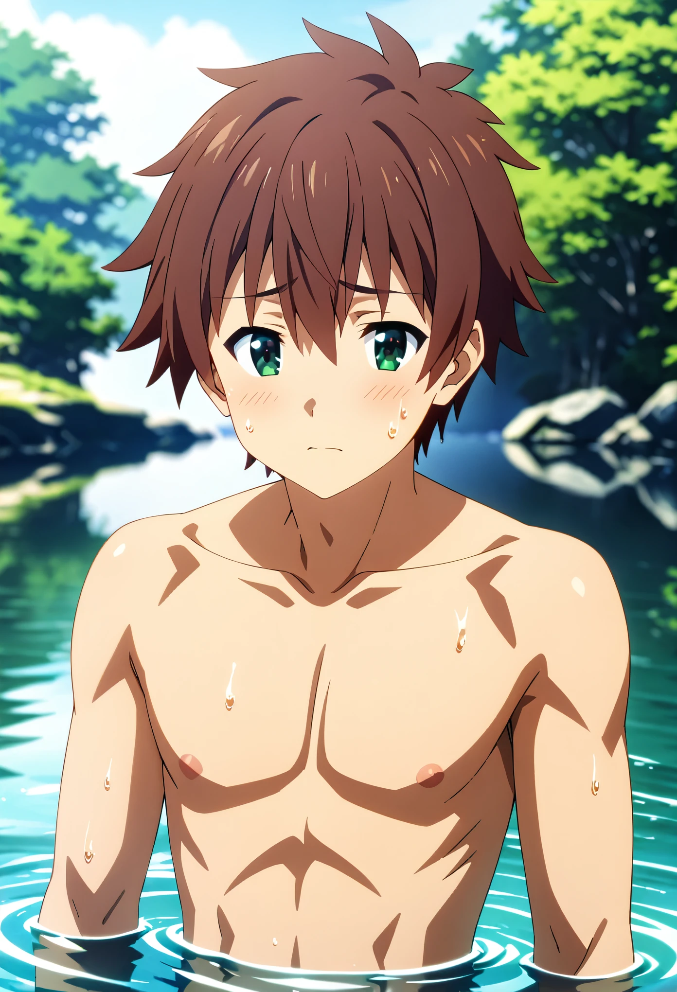 kazuma satou, short hair, brown hair, green eyes, high quality, score_9, score_8_up, score_7_up, amazing quality, best aesthetic, intricate details, masterpiece, best quality, 1male, solo, male_focus, feeling shy, fully naked, frontal, inside a lake in a forest, sunny day, a bit wet, full body, male genitals, small-size soft penis, handsome, detailed face, eyes and hands without errors, anime style, high detail, unity 8k wallpaper, high resolution, detailed high quality background, pene pequeño, detalle nítido, extremadamente detallado, Intrincado, Alta resolución, standing, legs visible, teenager, skinny