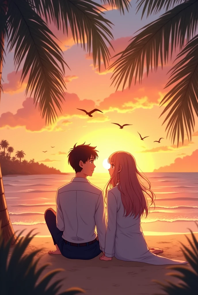 A civil engineer matured boy and doctor matured girl
 sitting on the beach in the evening sunset anime