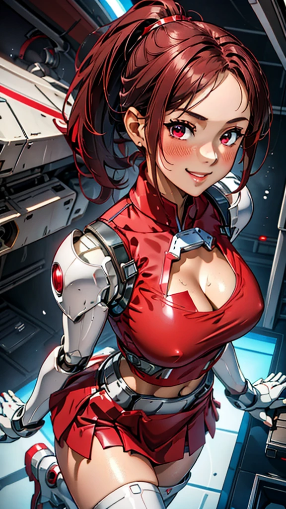 18 year old girl,baby face,dark red short hair,Ponytail hairstyle,Smile,Huge breasts,Cleavage,Transparent red sleeveless top,Leave space in the middle to reveal Cleavage,Soaked all over,blush,Red eyes,female spy,red miniskirt,White gloves,White hand sleeves,White boots,Science fiction,future,Inside the robot warehouse,robot driver,A pistol was hung around his waist,no bangs