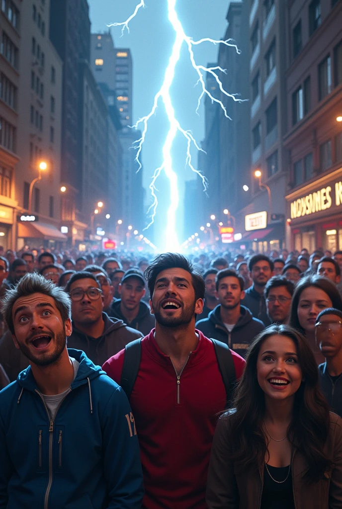 (photorealism:1.2), In the middle of the street, a Flash-style lightning bolt passes through the crowd, some characters are surprised, others smile.
