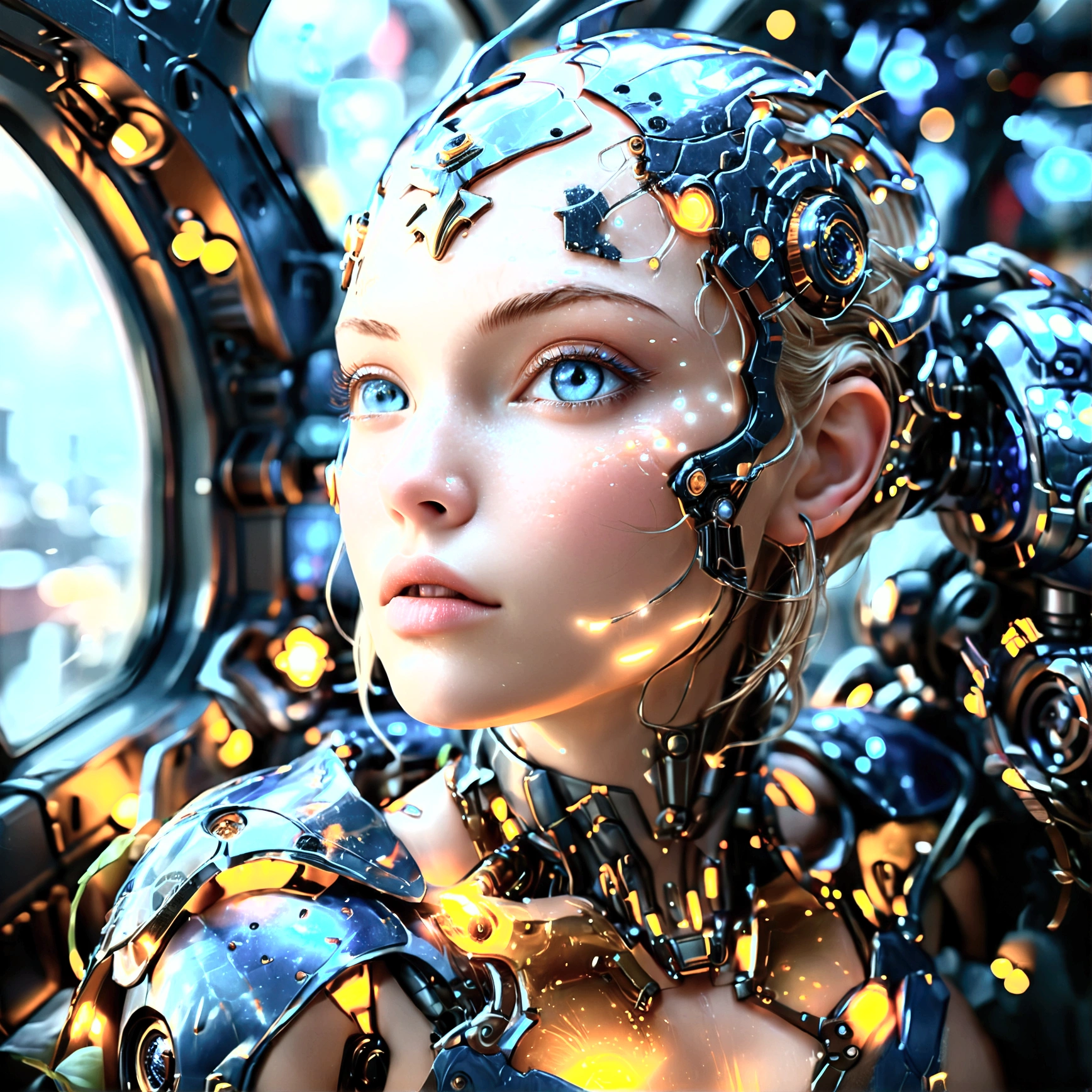 insane photorealism, unparalleled hot bald woman, pinterest woman, ultra realistic, skin texture, pores,ultra professional photorealistic, model, hyper realistic, RAW photoreal, photography, gorgeous, summer raine, face close up, in focus blond young sexy woman with short hair and hot clothes sits on a seat in a spaceship and the window can show beautiful staras, ultra high definition, sky, clouds, spear weapon, glowing, state-of-the-art robot, building, glowing eyes, state-of-the-art mech, science fiction, city, real, blue main mech, core on chest,like Poseidon,dressed, (photo realistic:1.4), (hyper realistic:1.4), (realistic:1.3),, (smoother lighting:1.05), (increase cinematic lighting quality:0.9), 32K,, 1girl,20yo girl, realistic lighting, backlighting, light on face, ray trace, (brightening light:1.2), (Increase quality:1.4),, (best quality real texture skin:1.4), finely detailed eyes, finely detailed face, finely quality eyes,, (tired and sleepy and satisfied:0.0), face closeup, t-shirts,, (Increase body line mood:1.1), (Increase skin texture beauty:1.1), ultra high-quality, ultra high-details, ultra_high-resolution, ultra_high-definition, Dark-Moody background Soft-Bokeh-Effect High-End Deep-Focus Bokeh Ray-Tracing Sophisticated Ambiance flowering. reflection,transparent,varies,multi,etc. --v 6 --s 1000 --c 20 --q 500 --chaos 100