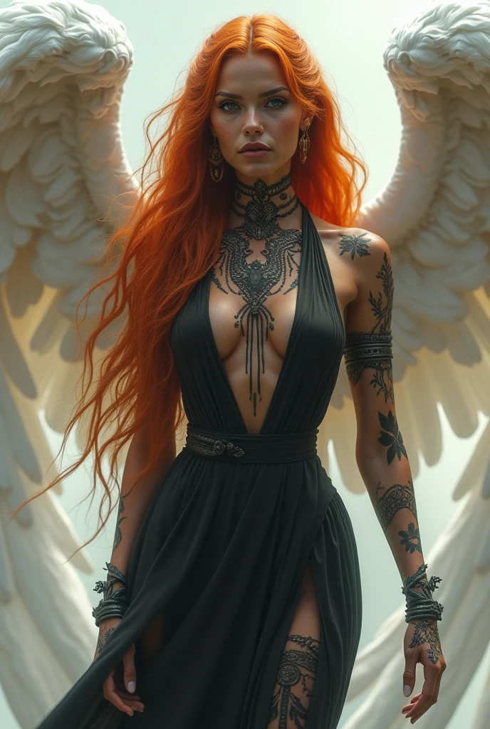 Draw a woman with a body that has the character&#39;s features "tribe" throughout the body have long orange hair down to the feet and dark black eyes and with white angel wings that drag and that is dressed in a black suit 