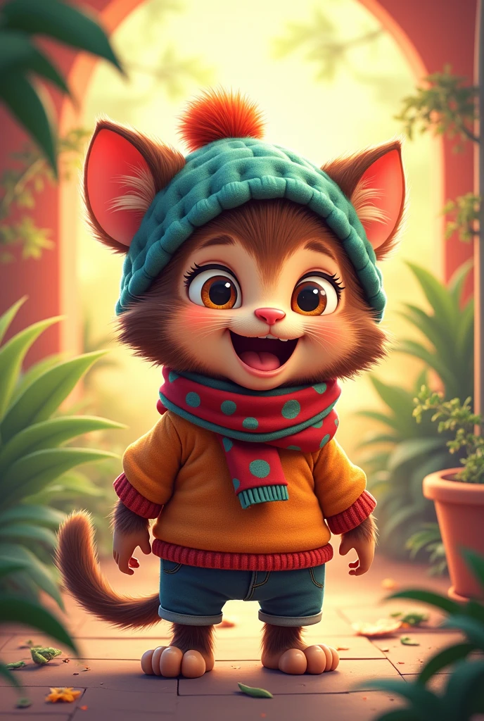 Create a flipbook cover Add Yunuen's name to the cover at the top of the title page.
adding a domestic or jungle animal that is animated with clothes but is not fictional and is colorful.