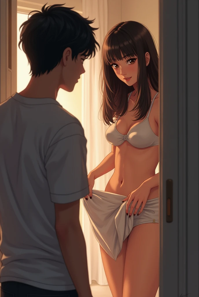superflat, flat shading, flat colors, masterpiece, best quality, 10yo boy in t-shirt and shorts, 10yo girl in whit panties and bra, from behind, hugging, standing in bedroom, shy, blush, smile, best shadows, watercolor,