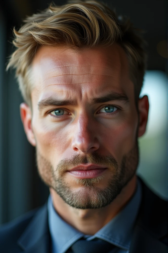 (of the highest quality,4k,8k,High resolution,masterpiece:1.2),Super detailed,(realist,photorealist,photo-realist:1.37),1 person,31 years,mature men,beautiful skin、profile、very handsome,expressionless,smile,Short blonde hair,blue eyes,sharp eyes,A perfect face without a doubt,businessman,office background,cinema lighting,imagen hdr,Atar、