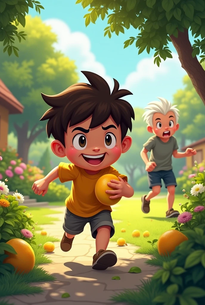 Draw me a picture of a boy holding a mango being chased by the homeowner.