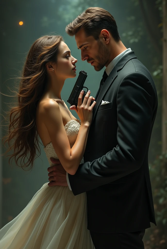 Young woman with brown hair and brown eyes holding a gun in a dress next to a tall man with black hair and green eyes