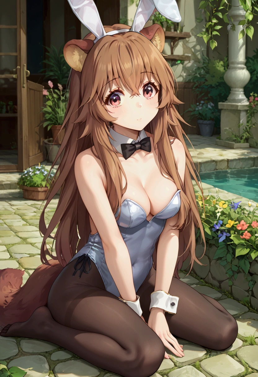  score_9,score_8,  (((perfect face))), (medium breasts), focus breasts, full body view, {looking at viewer},(brown hair), (bangs), (long hair), (animal ears), (raccoon ears), (raccoon girl), (raccoon tail), 1girl, raphtalia, (pink eyes), (detailed eyes), (perfect Eyes), garden, cleavage, outdoors, bare shoulders, black pantyhose:1.3, bowtie:1.3, rabbit ears:1.3, silver leotard:1.3, wrist cuffs, strapless, detached collar, fake animal ears, playboy bunny, black bowtie,