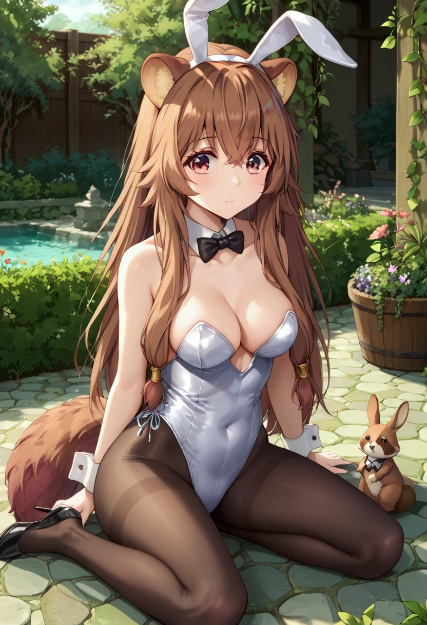 score_9,score_8, (((perfect face))), (medium breasts), focus breasts, full body view, {looking at viewer},(brown hair), (bangs), (long hair), (animal ears), (raccoon ears), (raccoon girl), (raccoon tail), 1girl, raphtalia, (pink eyes), (detailed eyes), (perfect Eyes), garden, cleavage, outdoors, bare shoulders, black pantyhose:1.3, bowtie:1.3, rabbit ears:1.3, silver leotard:1.3, wrist cuffs, strapless, detached collar, fake animal ears, playboy bunny, black bowtie,