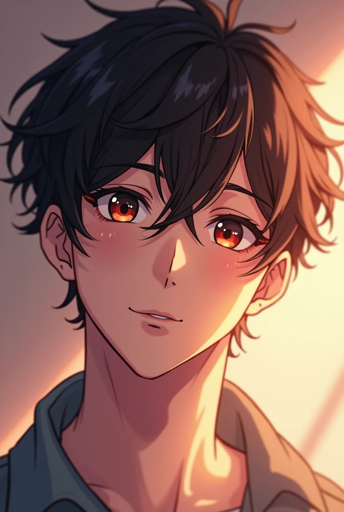 Cute guy, around 25 years old, anime, Dark brown hair, curly hair
