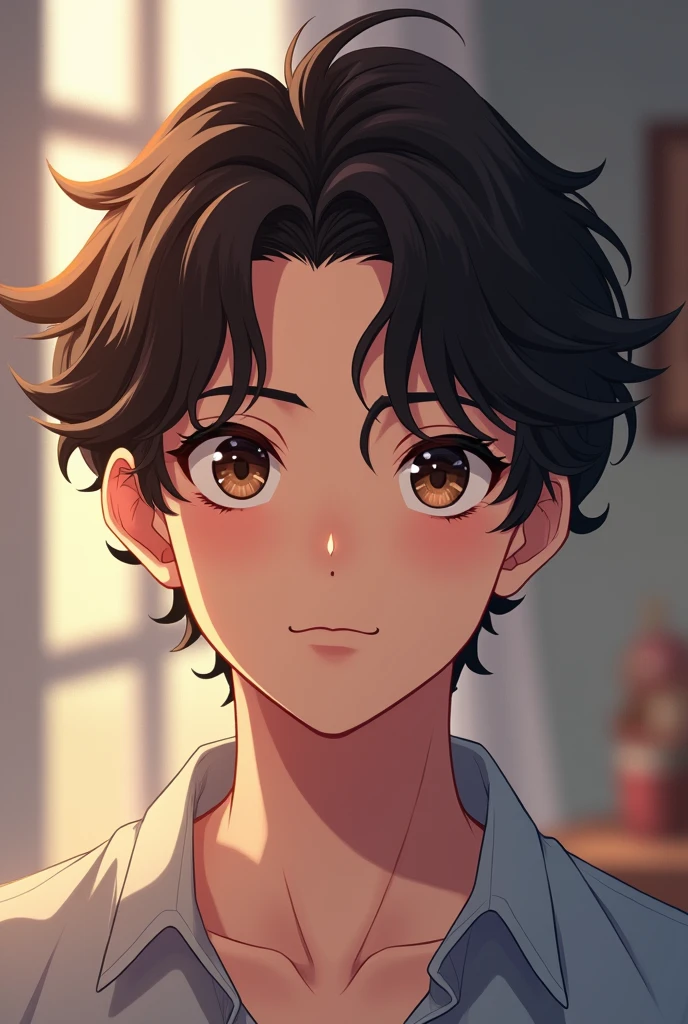 Cute guy, around 25 years old, anime, Dark brown hair, curly hair