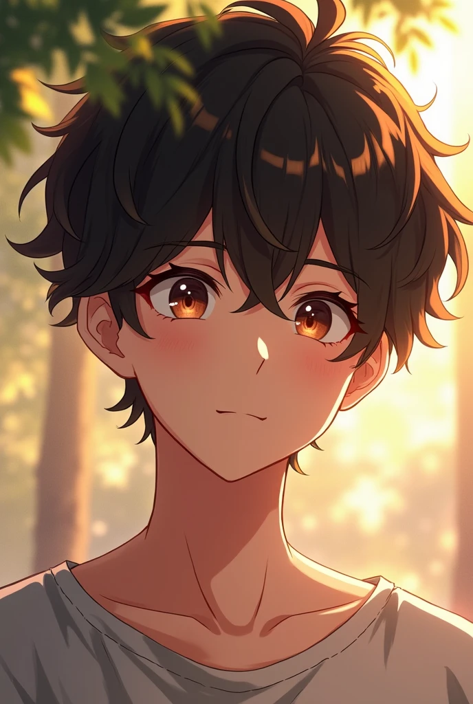 Cute guy, around 25 years old, anime, Dark brown hair, curly hair