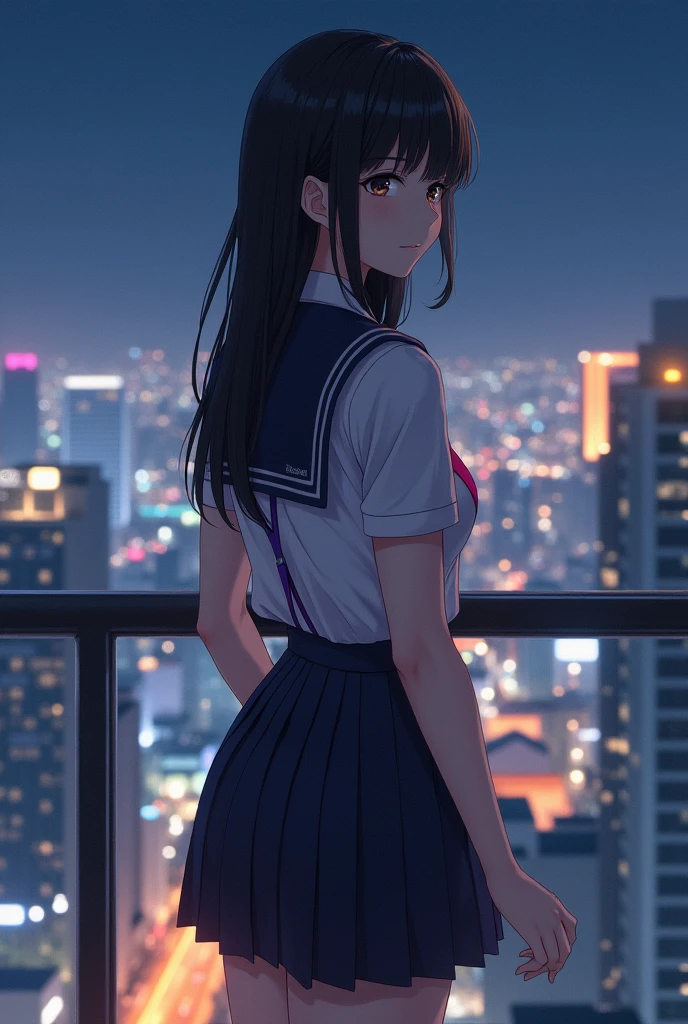 Real Japanese、high school girl、Nipples showing through、uniform、Beauty、Looking up、The pink bra is slightly visible、Short skirt、Top floor of a luxury hotel、Night view