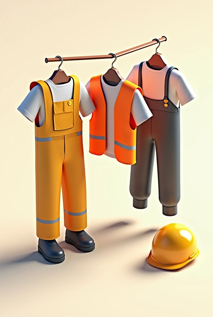 safety vest, safety pants, Shirt and safety helmet hanging from clothes hangers in isometric perspective without background