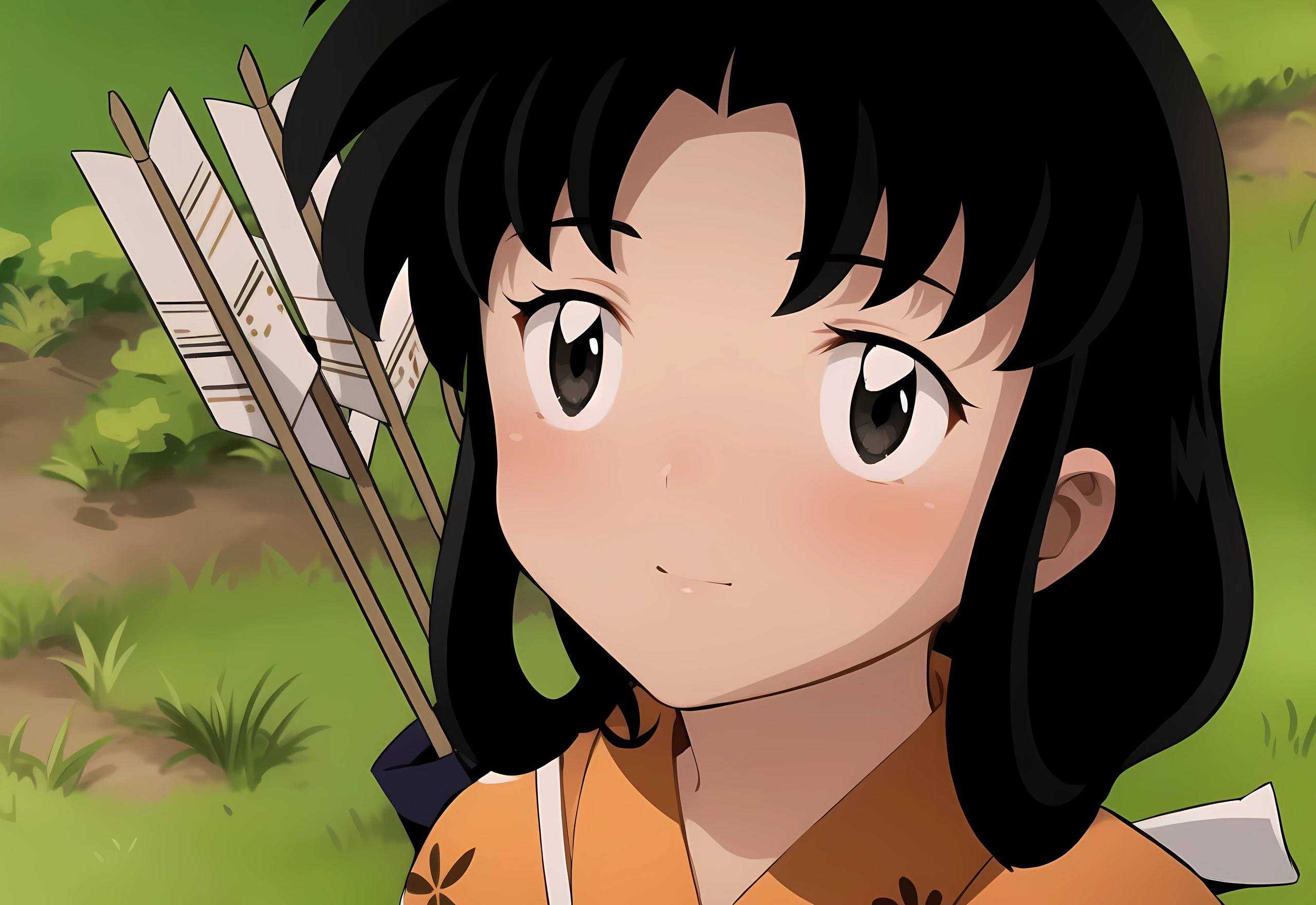 A beautiful girl in a yellow kimono, a beautiful bangs, carry some arrows, is called ((kaede)) Kikyo's sister