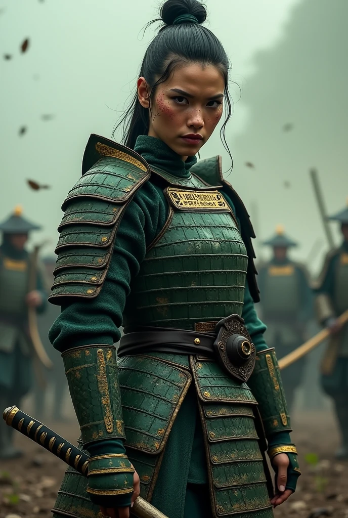 samurai woman covered in sweat, green armor