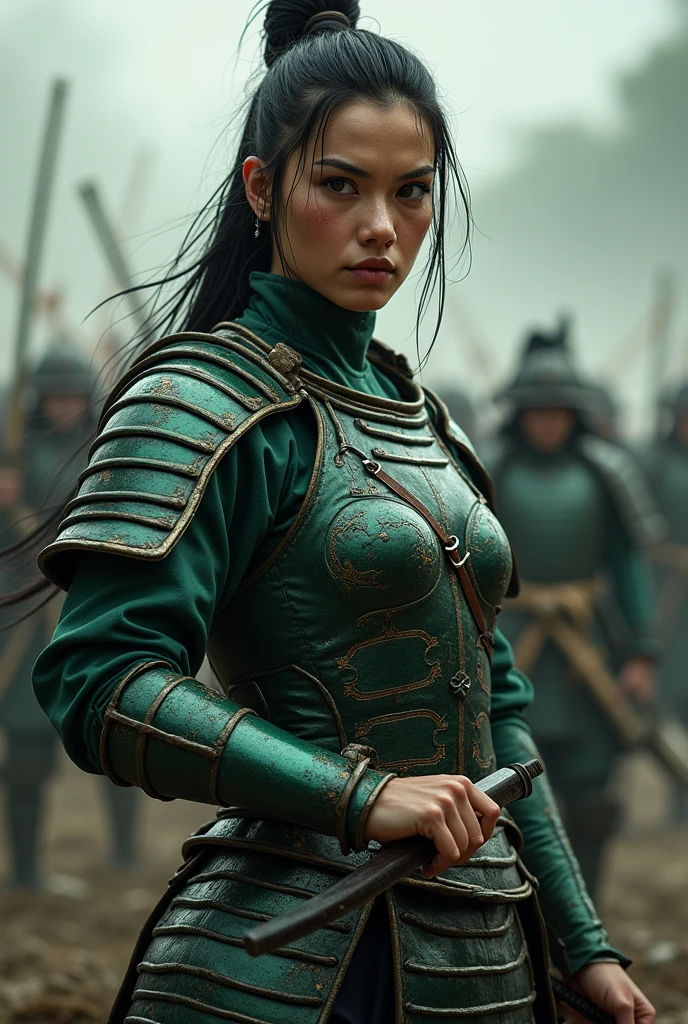 samurai woman covered in sweat, green armor