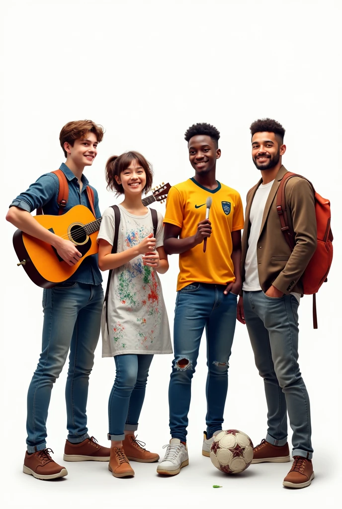 Group of 5 young people made up of:
Young man with brown hair, He is 18 years old and is dedicated to music, He has a guitar in his hand.
A 22-year-old girl with brown hair and short hair, He is an artist with a brush in his hand and a smock full of paint.
A young dark-skinned student, casual suit A 17-year-old soccer player in his team's uniform and a ball in his hand A 24-year-old entrepreneur in a casual suit.
Everyone is happy and excited that it is a casual photo, realist, WITH WHITE BACKGROUND