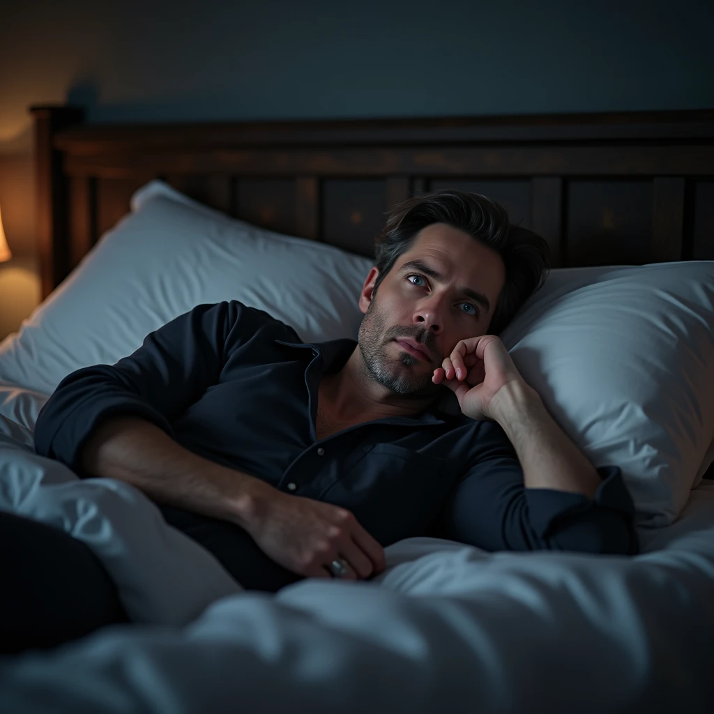 A white man, aged 35, with short dark hair, with blue eyes, wearing black pajamas buttoned up, lying in bed in the room waking up