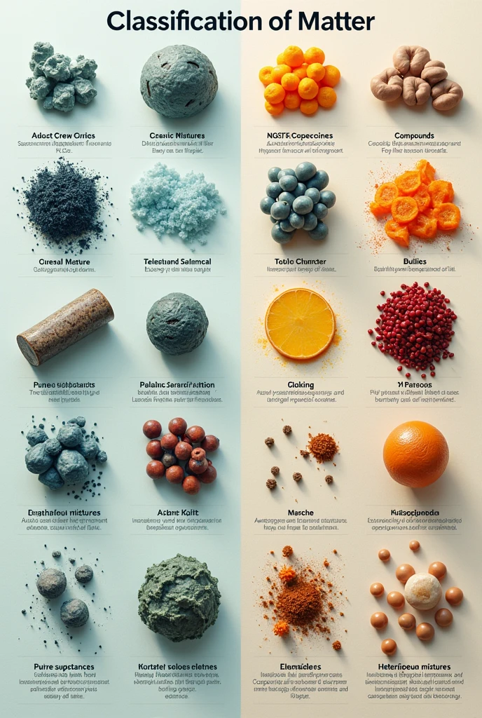  the classification of matter that includes pure substances,mixtures compounds,Elements,homogeneous mixtures,heterogeneous mixtures, their classification of each of these as well as examples 