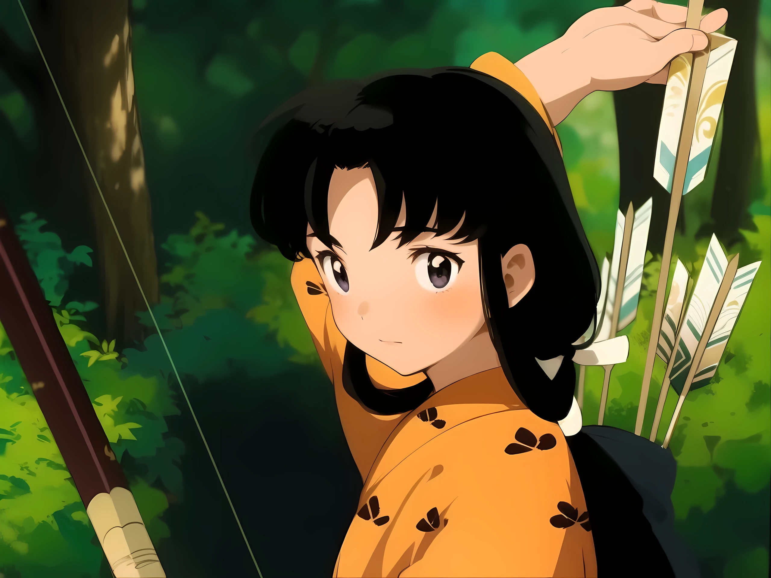 A beautiful girl in a yellow kimono, a beautiful bangs, carry some arrows, is called ((kaede)) Kikyo's sister