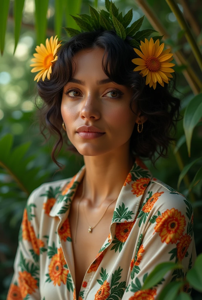 A Brazilian woman in a lush tropical garden, wearing an open shirt with a floral print, with a close-up capturing the harmonious beauty between her breasts and the natural flowers, showing off your natural charm and outgoing personality.