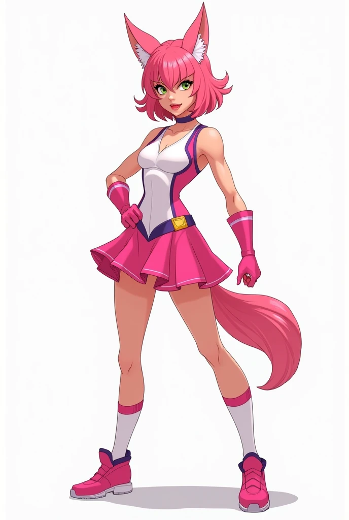 A pink haired teenager, pink fox ears and green eyes posing for a photo wearing a superhero uniform. A tight white and pink sleeveless leotard, a short pink layered skirt, with long white socks with pink details. The uniform highlights power and femininity.
white background.
Comic book 2d style.