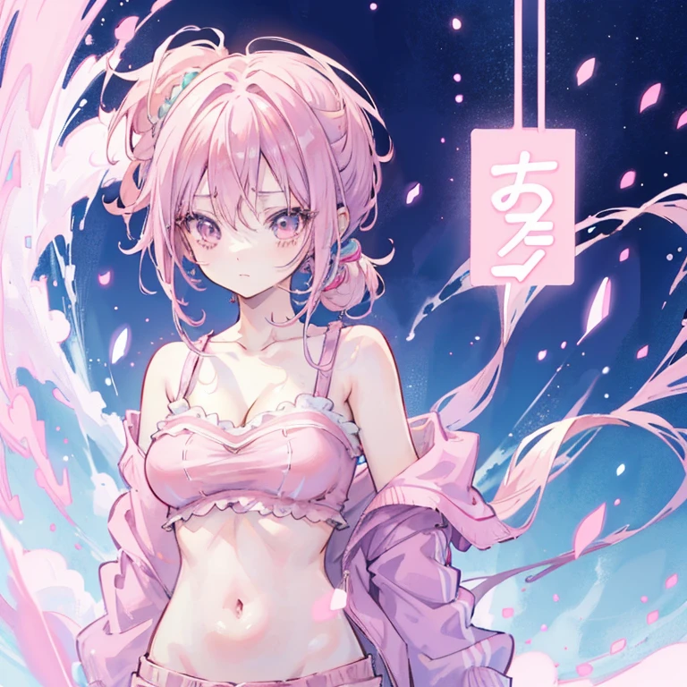 anime girl with pink hair and a pink top and blue shorts, Pink ponytail hair and cyan eyes, Smooth anime CG art, seductive anime girl, anime grandma, anime girl, Humanoid pink female squid girl, sakura haruno, Anime visuals of cute girls, ecchi anime style, cute anime girl, kawaii realistic portrait, pretty anime girl，Chest showing cleavage