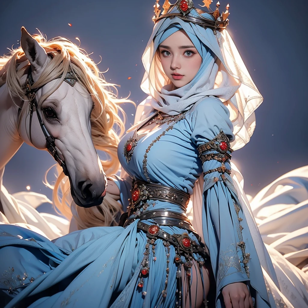 ????? ??????? trough dress, wearing a hijab , luxury hijab,crown luxury , blue eye, blond hair, around , (red dress ), tmasterpiece，Best quality at best，A high resolution，8K，((Portrait))，(upper front body)，Original photo，real photograph，digital photography，(Female princess in the medieval fantasy style), ???? princess ，blue eye， super colossal ??????, round colossal ?????? ，open kissing lips，Keep your mouth shuegant and charming，((Blushing))，virgin contempt，Calm and handsome，(Medieval fantasy dress，The Beautiful super huge round ??????, small waist, perfect colossal ?????? of princess body, a blue delicate pattern，silver Cloak)，(princes medieval character medieval fantasy style，oc render reflection texture, fighting style,  ???? colossal ?????? , palace background, slim body, very small waist, 