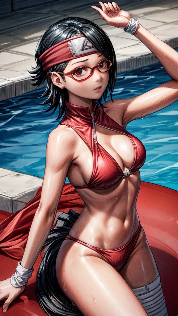 masterpiece, in detail every detail feature drawing everything, Sarada Uchiha, medium growing breast, She is wearing a red two-piece bikini, hands up stage in a pool all wet from the water heat sweat hot day masterpiece 4K HD high resolution , short black hair. He wears a red bandana on his forehead. 