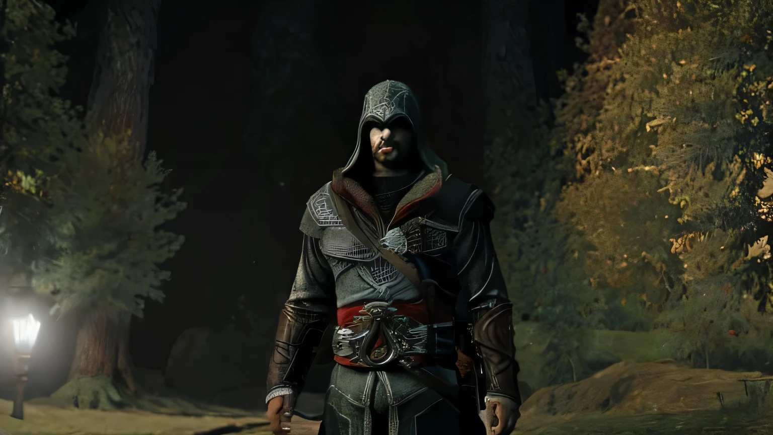 The mystic night stalker male character, called 'The Twilight Stalker', has a short beard and glowing white eyes in the dark like lights, and wear a hood similar to the hero from Assassin Creed, Robin Hood type look. The scene is very dark at nighttime in a forest near a village with the overall tone mysterious and shadowy. 