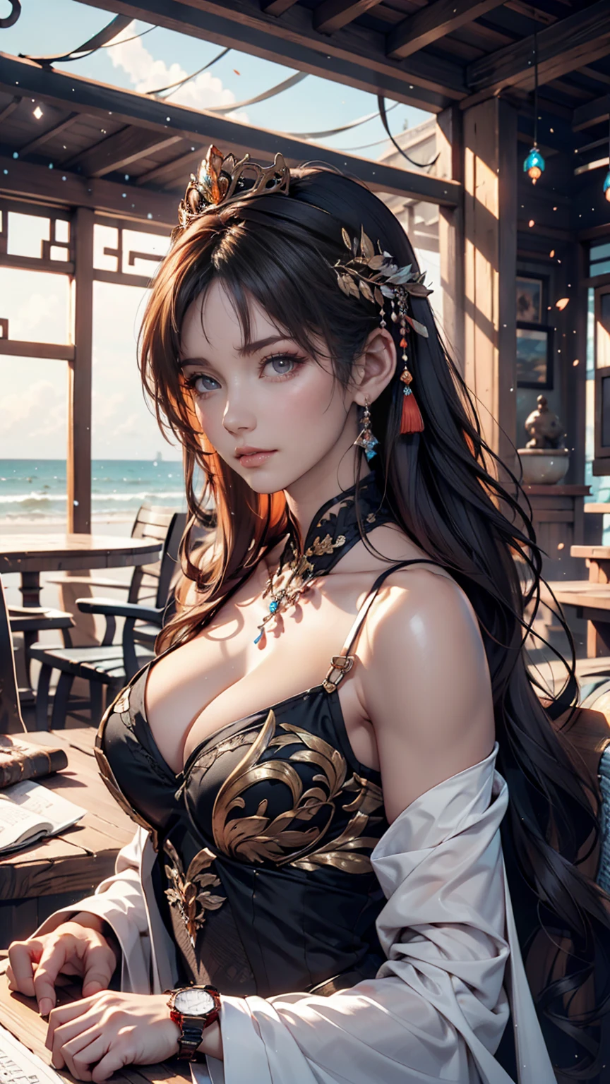 There is a woman sitting on the beach holding a watch, Queen of the Sea Mu Yanling, Beautiful digital art, Highly detailed digital art in 4K, Beautiful Fantasy Empress, 8K high quality, detailed art, Fantasy Beautiful, Jan J, Beautiful gorgeous digital art, Gwaiz, artwork in the style of Gwaiz, Beautiful fantasy art, Chinese Fantasy